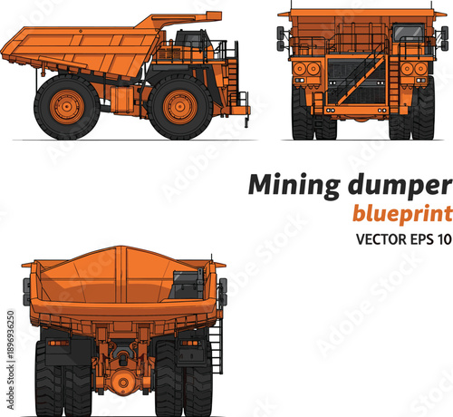 Technical vector illustration set of an orange mining dumper truck featuring detailed side front and rear view profiles for industrial heavy machinery and engineering