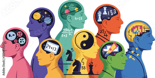 Human intelligence diversity illustration showing multiple minds science mathematics logic creativity psychology education colorful concept brain cognition problem-solving abstract vector