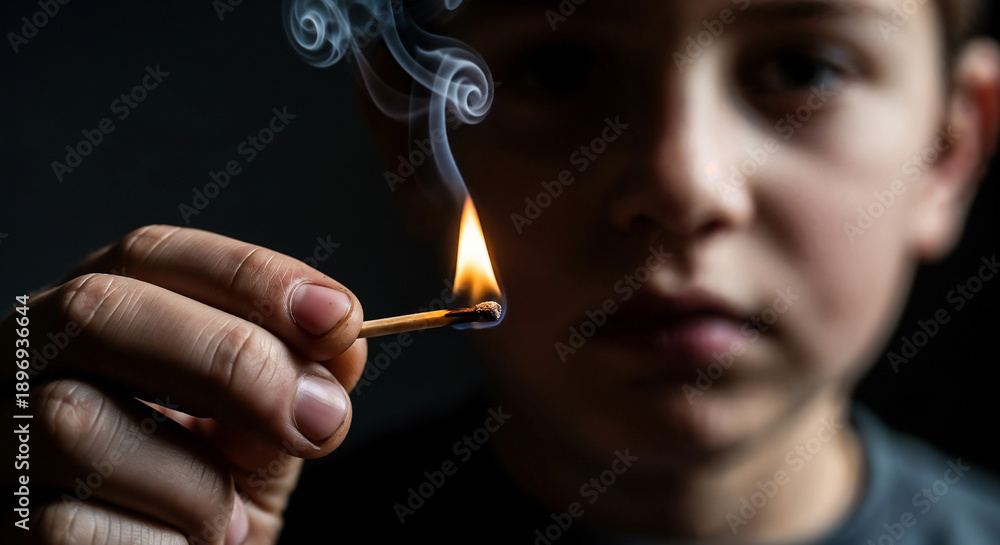 Fototapeta premium Boy lighting match in dark room symbolizing curiosity and inner fire