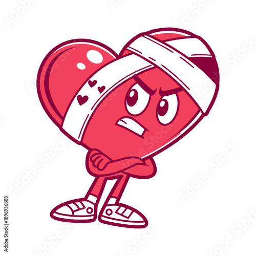 Angry Bandaged Heart Character with Cross Patch.