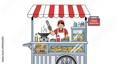 Cartoon Street Food Vendor Cart with Man Cooking.