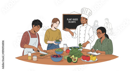 Diverse group learning plant-based cooking from a chef in a culinary workshop.