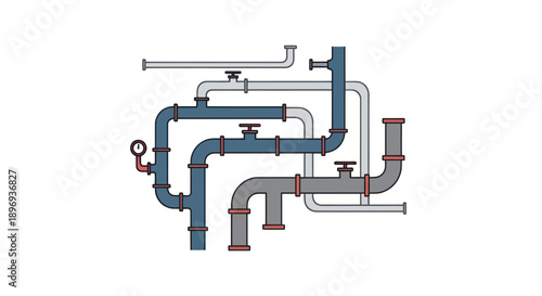 Complex Interconnected Plumbing Pipe System Illustration with Valves and Gauge.