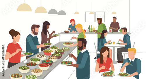 Diverse group of people enjoying a healthy buffet meal in a modern cafeteria setting.