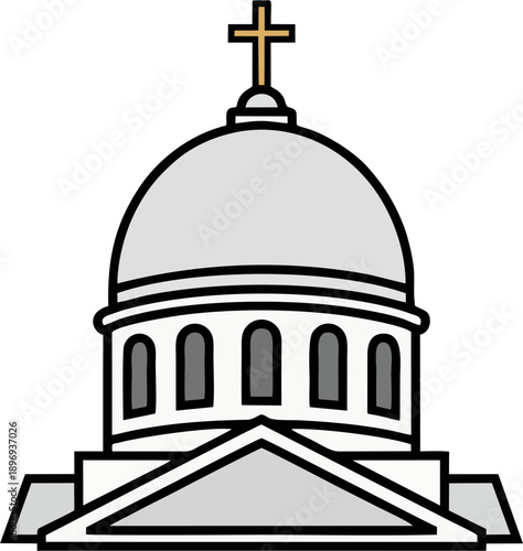 Minimalist Christian Church Dome with Gold Cross Flat Vector, Neoclassical Icon Illustration