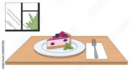 Delicious Slice of Berry Cheesecake on a Plate.