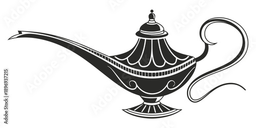 An ornate lamp with intricate designs and a long spout is illustrated in black and white