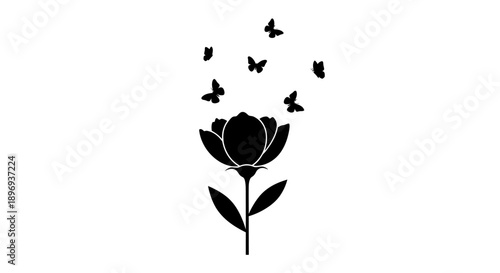 Black Silhouette Flower with Butterflies Flying Upwards Elegant Nature Illustration.