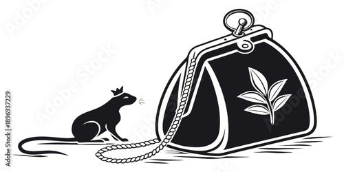 A mouse with a crown next to a purse with a marijuana leaf, illustration, close-up view