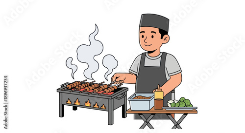 Cartoon Illustration of a Smiling Street Food Vendor Grilling Satay.