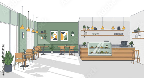 Modern Coffee Shop Interior with Wooden Counter Display Case Tables and Green Wall.