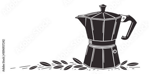 An illustration of a coffee maker surrounded by leaves viewed from the front in a minimalist style