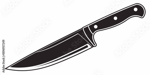 A chef's knife with a black handle is positioned diagonally on a white background, highlighted with white outlines, viewed from a straightforward perspective
