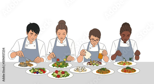 Diverse Chefs Preparing Gourmet Salads Together.