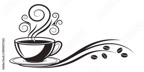 A steaming cup of coffee with swirling steam and coffee beans beside it, viewed from the side, an artistic illustration