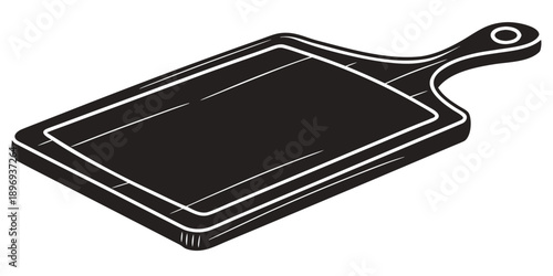 A black cutting board with a handle, isolated on a transparent background from a top-down viewpoint