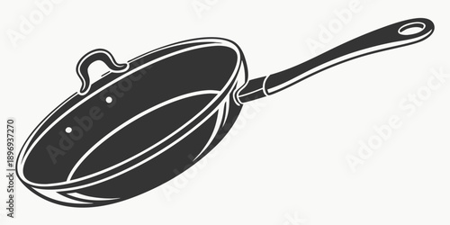 Black and white illustration of a frying pan with handle and cooking surface depicted in a simple graphic style