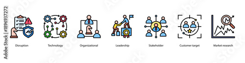 Market Leadership web banner vector illustration featuring Disruption, Technology, Organizational, Leadership, Stakeholder, Customer target, and Market research.