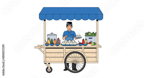 Cartoon Illustration of a Street Food Vendors Cart.