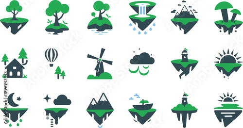 Floating island icon set vector illustration fantasy landscape nature elements isolated white background flat design collection modern eco game ui