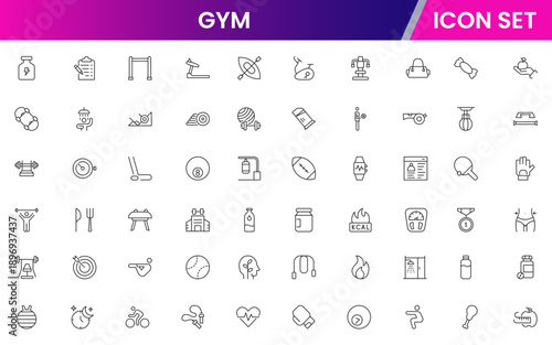 Gym icons depicting fitness, exercise, workout equipment, dumbbells, treadmills, yoga, strength training, health, wellness, cardio, personal training, motivation, stretching