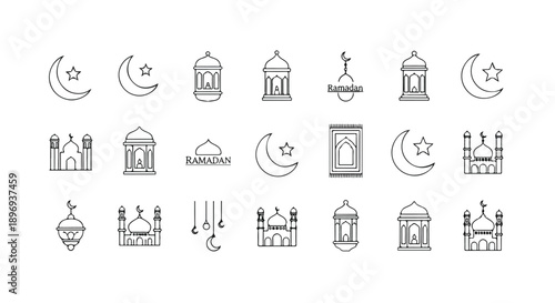 Graphic collection of icons featuring mosques, crescent moons, and stars on a white background.