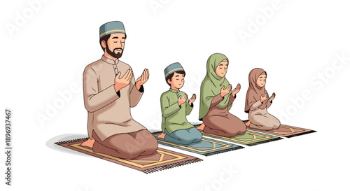 Illustration of a Muslim family praying together on colorful mats in a serene and peaceful atmosphere.