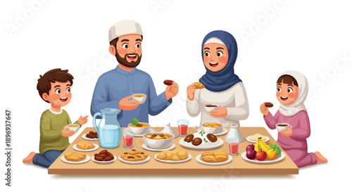 Illustration of a Muslim family sharing a meal together on a low table with various traditional foods and drinks.