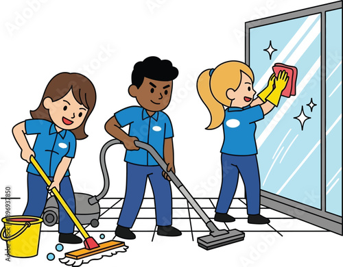 Three janitors cleaning office windows and floors with various equipment from different viewpoints