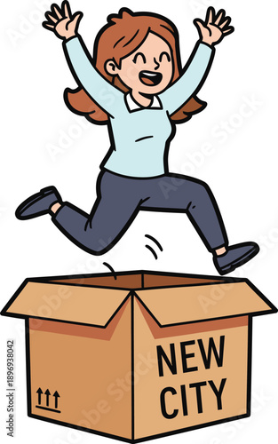Woman jumping out of a cardboard box labeled new city with excitement and joy