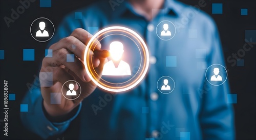 Human Resources Targeting: Professional hand selecting digital candidate profile icon, hr management recruitment, talent acquisition, workforce planning and employee selection concept