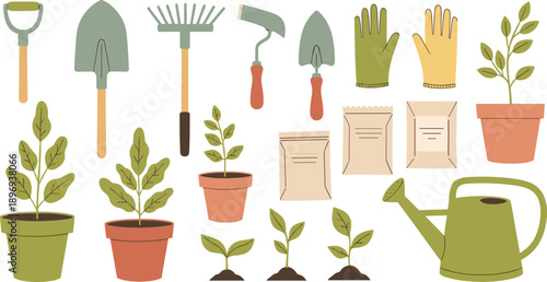 Collection of hand drawn gardening tools with potted house plants watering can shovels rake and seeds in flat boho style isolated