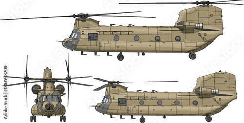 Technical vector illustration set of a heavy lift military transport helicopter featuring detailed side and front view profiles for aviation engineering and defense projects