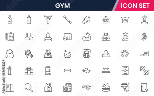 Gym icons depicting fitness, exercise, workout equipment, dumbbells, treadmills, yoga, strength training, health, wellness, cardio, personal training, motivation, stretching