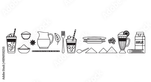 Vector illustration of assorted ice cream and dessert icons, including sundae, milkshake, ice cream cone, bowl, cup, spoon, and toppings, for menu, flyer, or website design