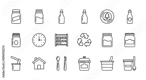 eco friendly kitchen utensils and food storage icons, line style, for website or app, isolated on transparent background, png