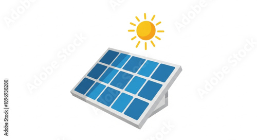 Solar panel with sun illustration on white background.