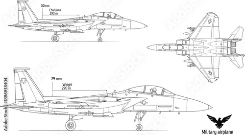 Technical vector blueprint set of a modern military fighter jet airplane featuring detailed side and top view profiles for aviation engineering and design projects