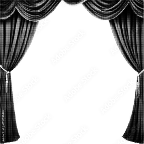 Stage curtain frame in halftone style isolated on white background. Classic theater drapery illustration with empty center for copy space, presentation, poster, event, and performance design.