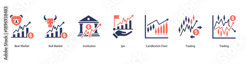 Market Trends web banner icon vector illustration featuring Bear Market, Bull Market, Institution, IPO, Candlestick Chart, Trading, and Trading.