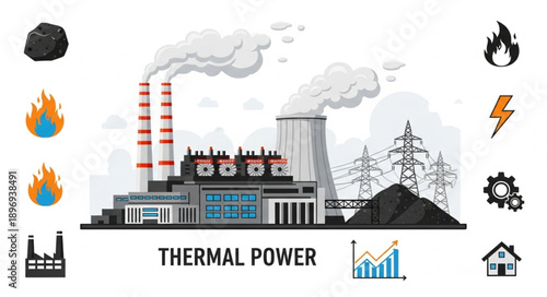 Thermal Power Plant Generating Electricity with Smoke from Chimneys.