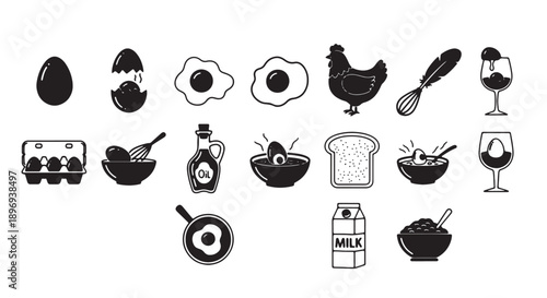 Black and white vector icons of breakfast foods and ingredients, including eggs, chicken, bread, wine, and milk, for menu or recipe design