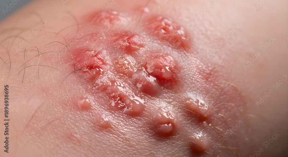 Fototapeta premium Dermatology Skin Condition: Close up of viral shingles rash with blisters on human skin, herpes zoster infection, medical pathology, dermatology treatment, painful skin disease and healthcare concept