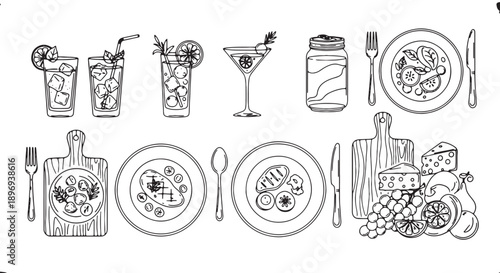 Vector illustration of food and drink icons, including cocktails, plates of food, utensils, and a cutting board, for menu or restaurant design