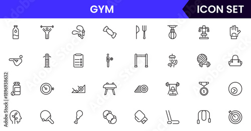Gym icons depicting fitness, exercise, workout equipment, dumbbells, treadmills, yoga, strength training, health, wellness, cardio, personal training, motivation, stretching