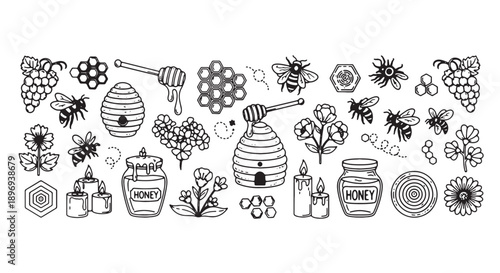 Bee and honey themed vector icons and illustrations, honeycomb, beekeeper tools, flowers, honey jars, for agriculture or food branding
