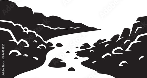 Serene Black and White Mountain River Landscape Illustration Art