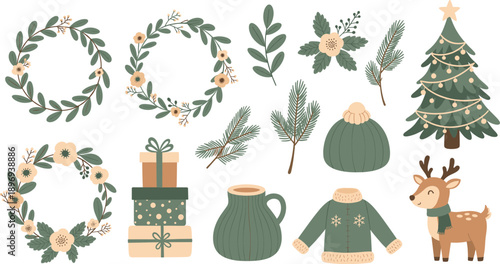 hand drawn Christmas winter elements with floral wreaths decorated pine trees reindeer gift boxes and cozy sweaters in modern boho style isolate