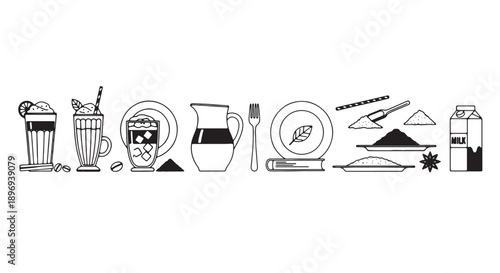 Food and drink icons set, vector illustration for menu, restaurant or recipe design, isolated on transparent background, png