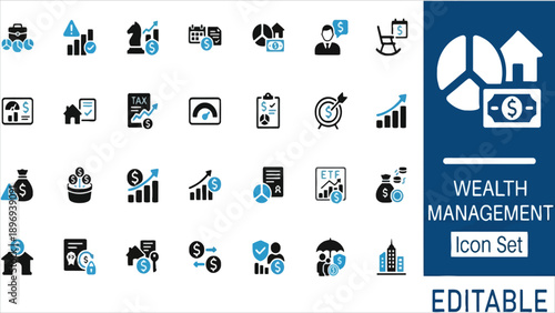 Wealth management and financial planning solid icon set with investment strategy, retirement plan, and portfolio. Flat vector icons for financial advisors and investment services